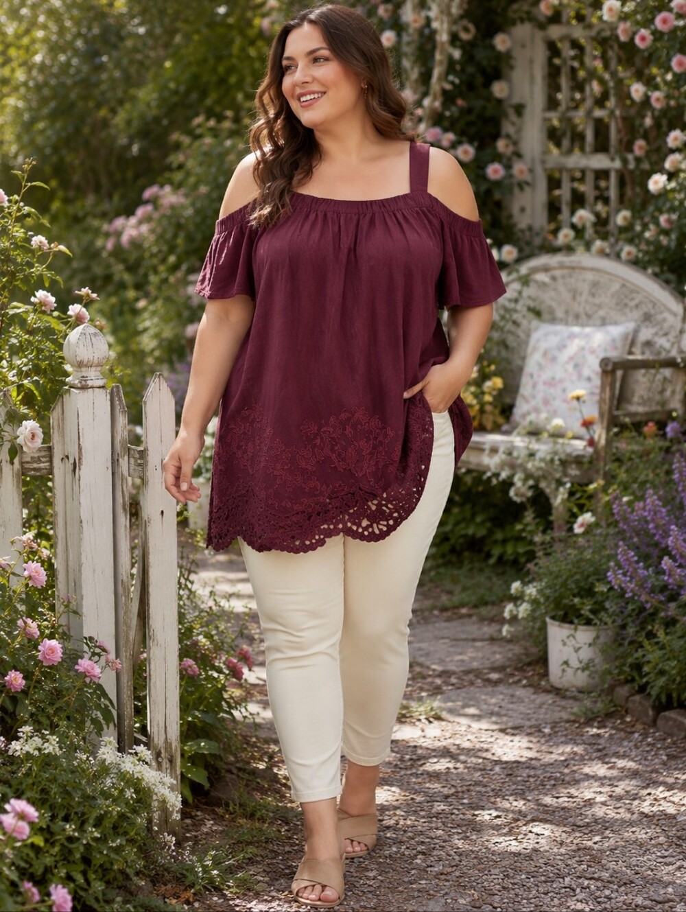 Lane Bryant Cold Off Shoulder Embroidered Eyelet Top